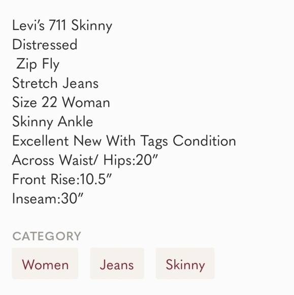 Levi's 711 Skinny Jeans Size 22 Stretch - Picture 4 of 9
